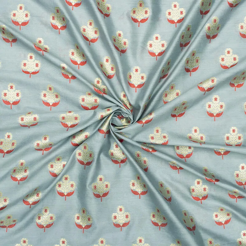 Grey And Red Floral Pattern Zari Jacquard Banarasi Muga Silk Fabric