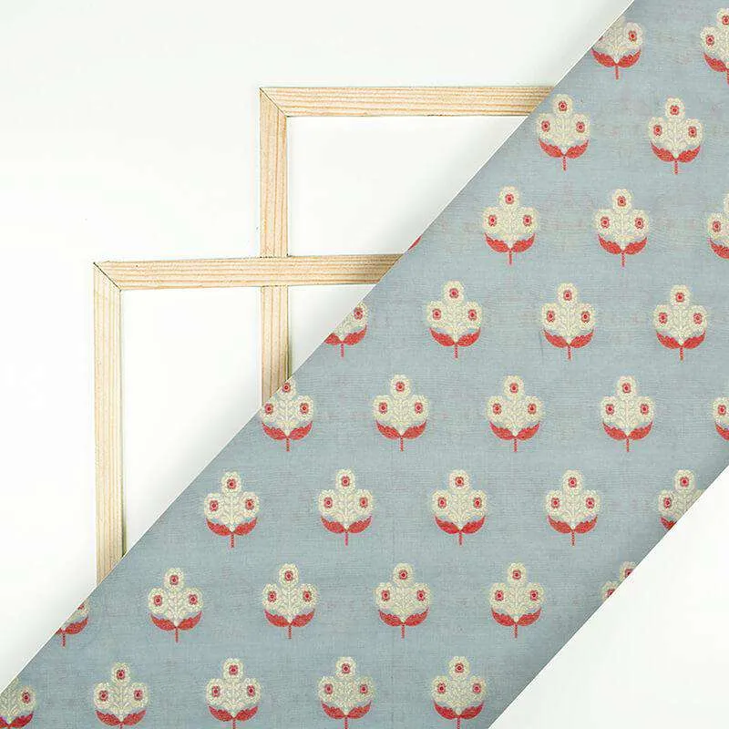 Grey And Red Floral Pattern Zari Jacquard Banarasi Muga Silk Fabric
