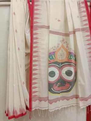 Handloom Handspun Cotton Jamdani Saree with Floral Booties and Jagannath Motifs