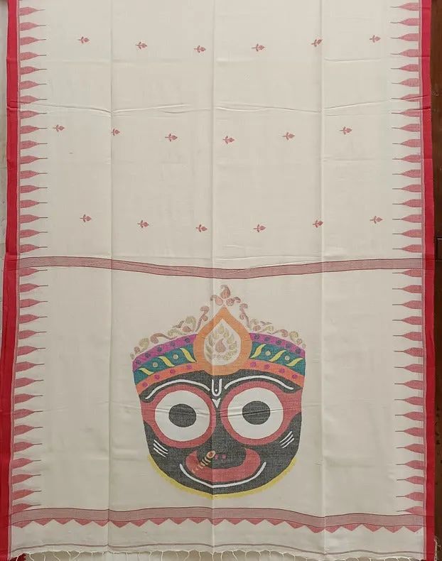 Handloom Handspun Cotton Jamdani Saree with Floral Booties and Jagannath Motifs