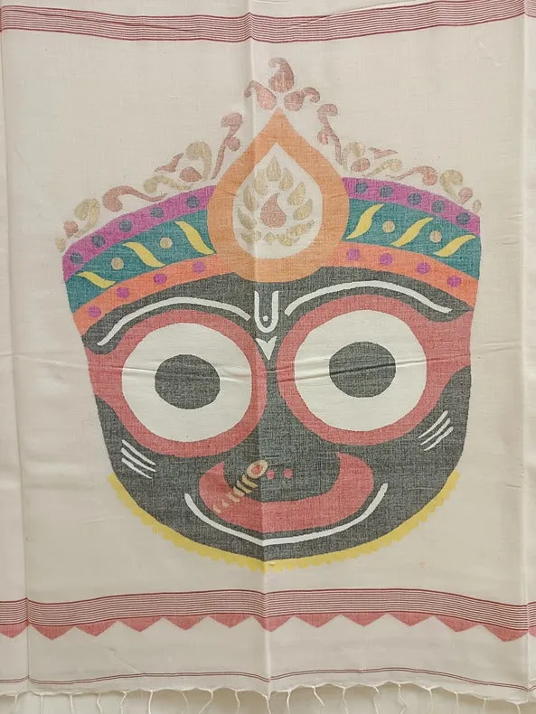 Handloom Handspun Cotton Jamdani Saree with Floral Booties and Jagannath Motifs