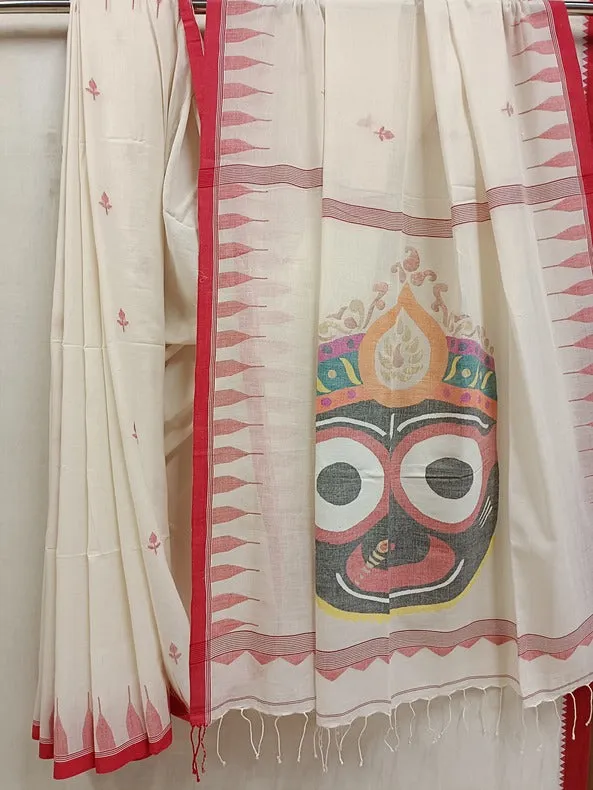 Handloom Handspun Cotton Jamdani Saree with Floral Booties and Jagannath Motifs