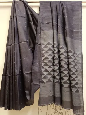 Indigo Blue Handloom Tussar Silk Jamdani Saree by Balaram Saha