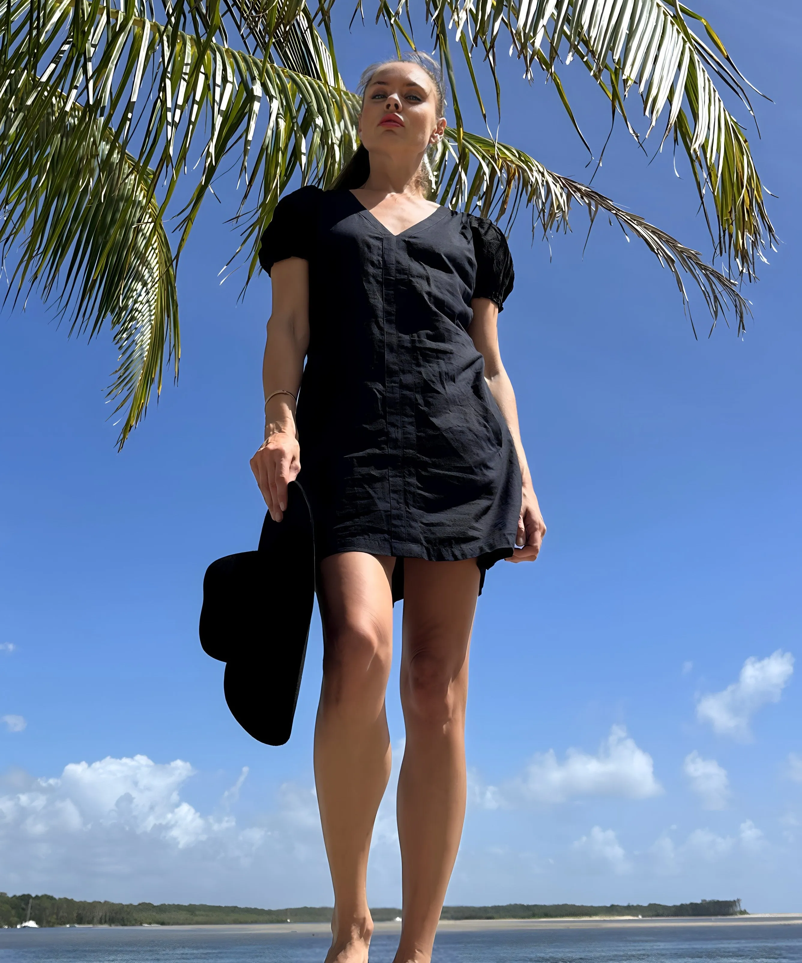INES Black Shift Dress with Puff Shoulders