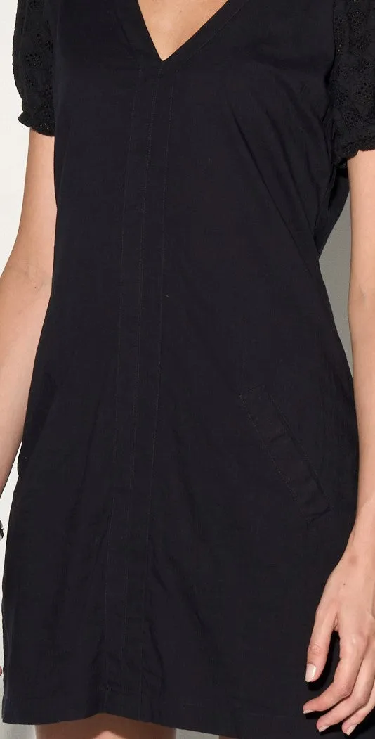 INES Black Shift Dress with Puff Shoulders