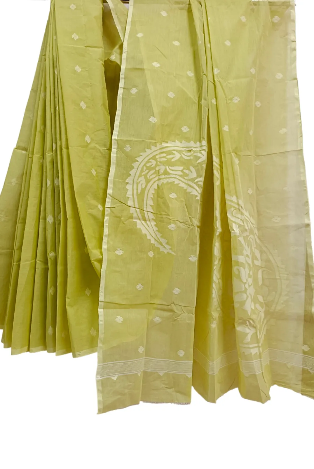 Lemon Green Handloom Traditional Cotton Handwoven Jamdani Saree