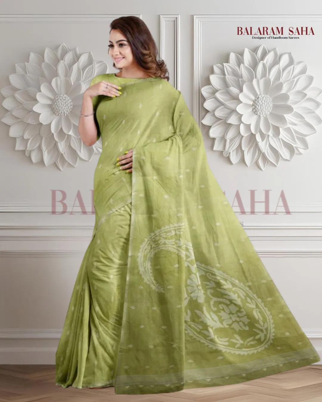 Lemon Green Handloom Traditional Cotton Handwoven Jamdani Saree
