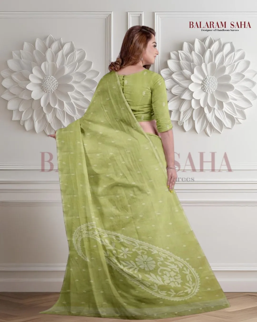 Lemon Green Handloom Traditional Cotton Handwoven Jamdani Saree