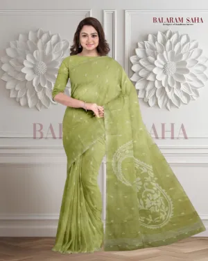 Lemon Green Handloom Traditional Cotton Handwoven Jamdani Saree