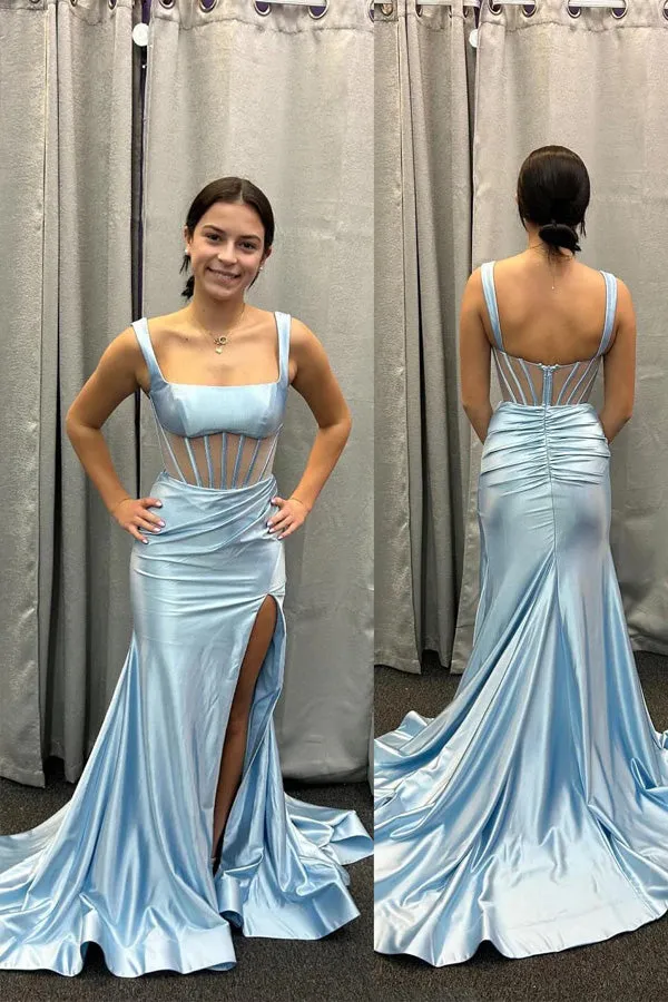 Light Blue Corset Satin Fitted Long Prom Dress Party Dress TP1397