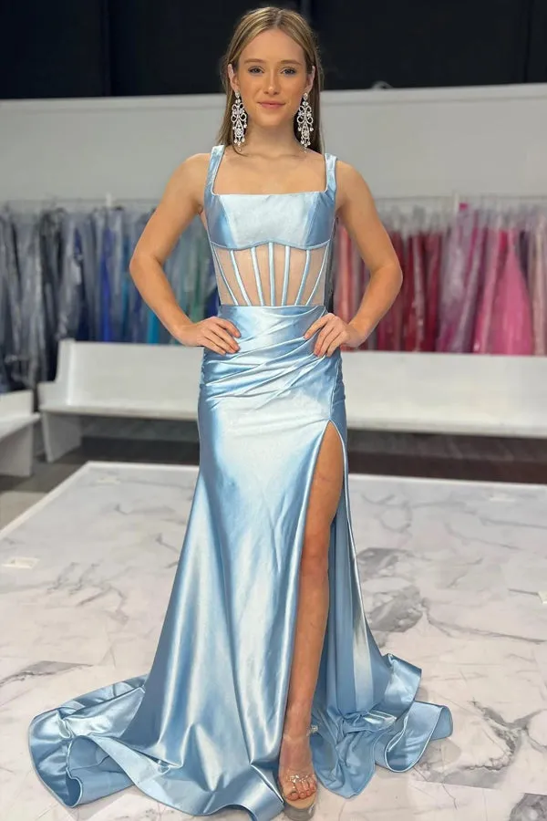 Light Blue Corset Satin Fitted Long Prom Dress Party Dress TP1397