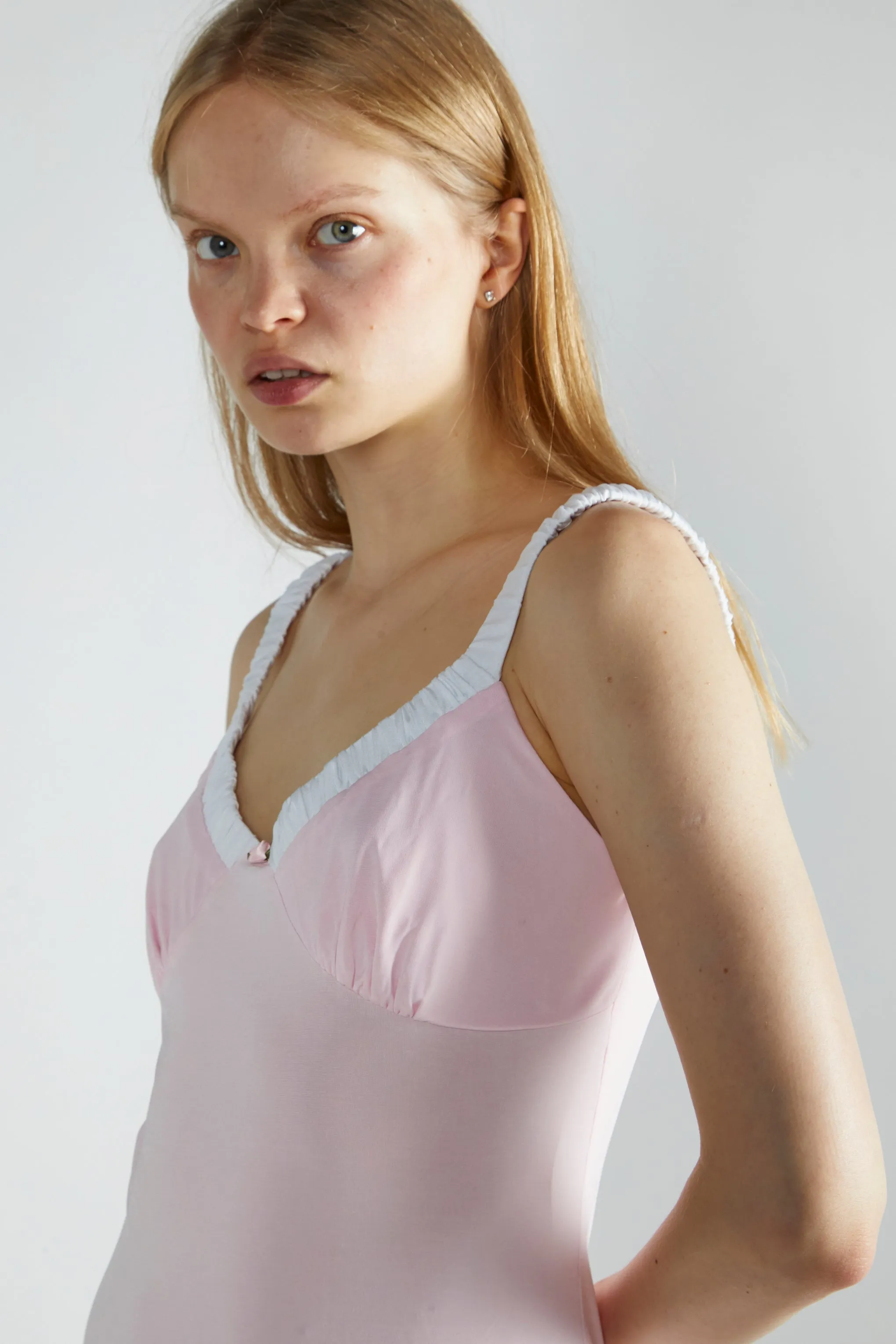 Light-Pink-White V-Neck-Midi-Dresses