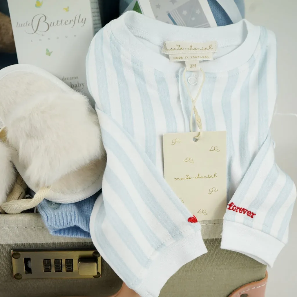 Luxury Baby Boy Hamper, Marie-Chantal Cashmere Romper And Organic Cotton Sleepsuit, Steiff GOTS Teddy