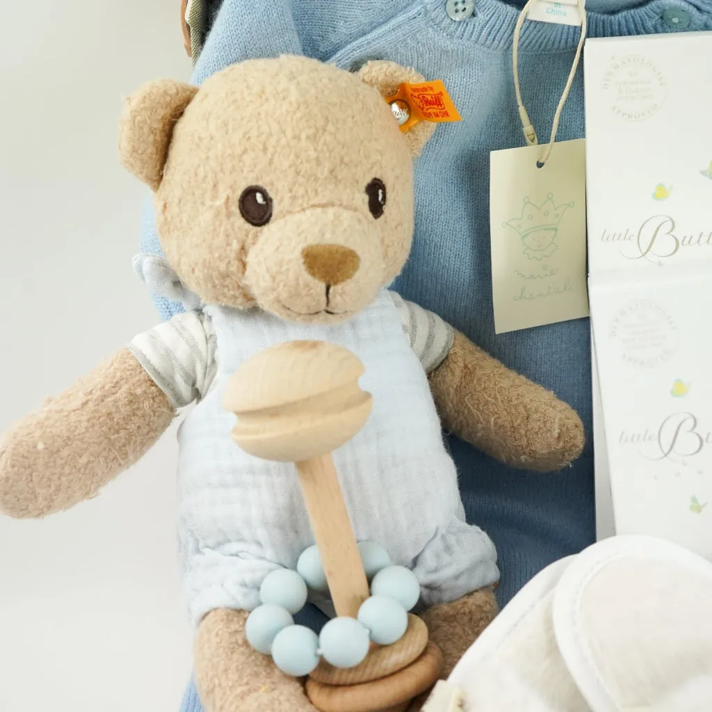 Luxury Baby Boy Hamper, Marie-Chantal Cashmere Romper And Organic Cotton Sleepsuit, Steiff GOTS Teddy