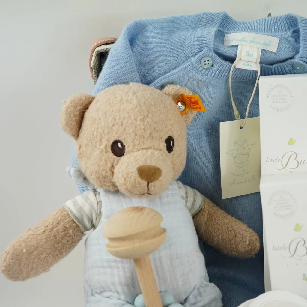 Luxury Baby Boy Hamper, Marie-Chantal Cashmere Romper And Organic Cotton Sleepsuit, Steiff GOTS Teddy