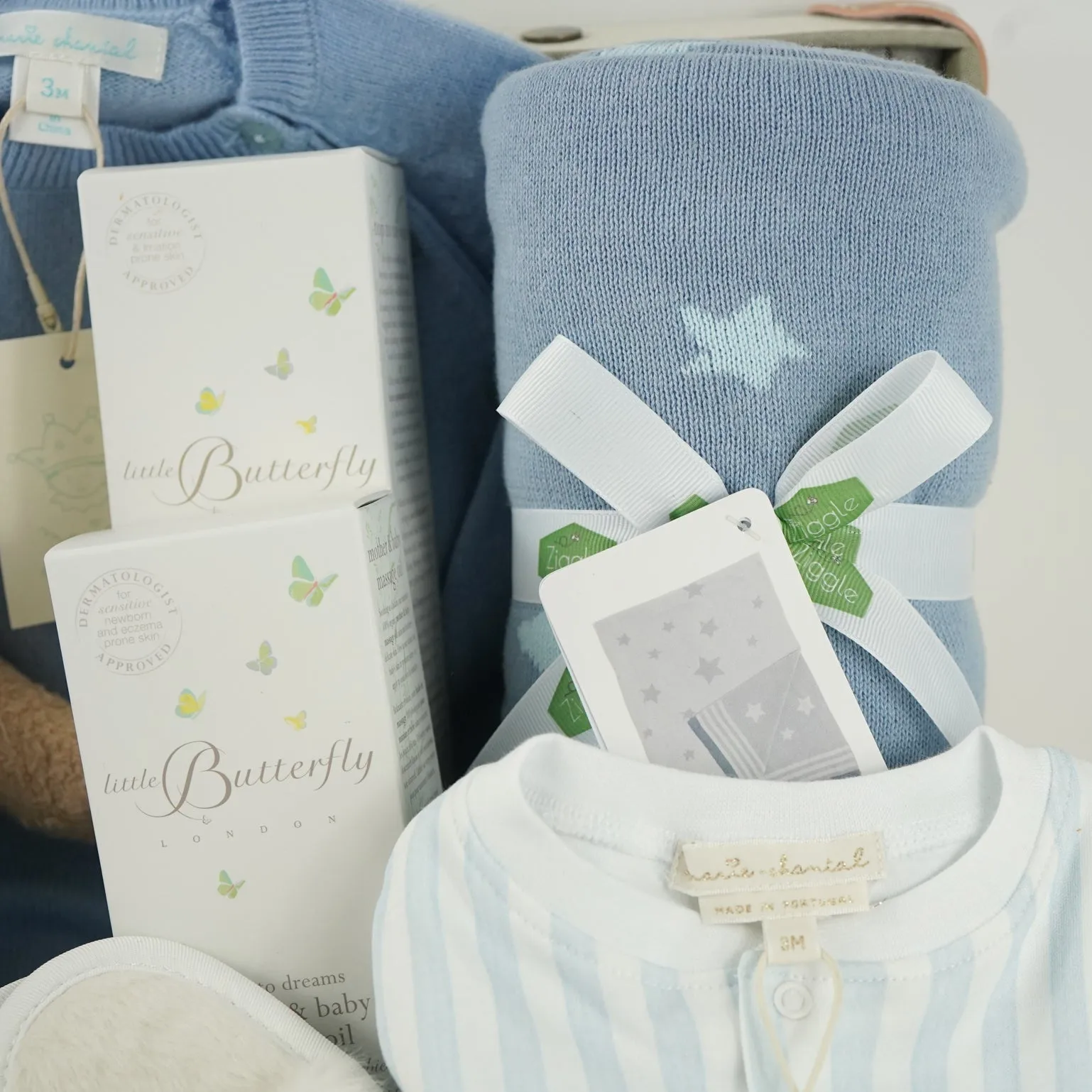 Luxury Baby Boy Hamper, Marie-Chantal Cashmere Romper And Organic Cotton Sleepsuit, Steiff GOTS Teddy