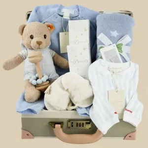 Luxury Baby Boy Hamper, Marie-Chantal Cashmere Romper And Organic Cotton Sleepsuit, Steiff GOTS Teddy
