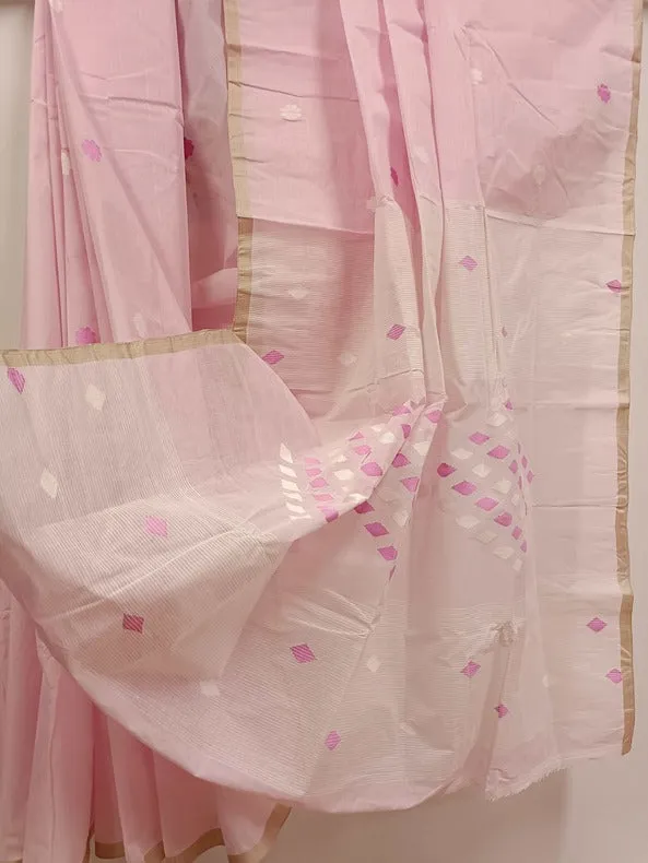 Modern Muse: Balaram Saha Presents Chic Handloom Jamdani Saree in Baby Pink & White
