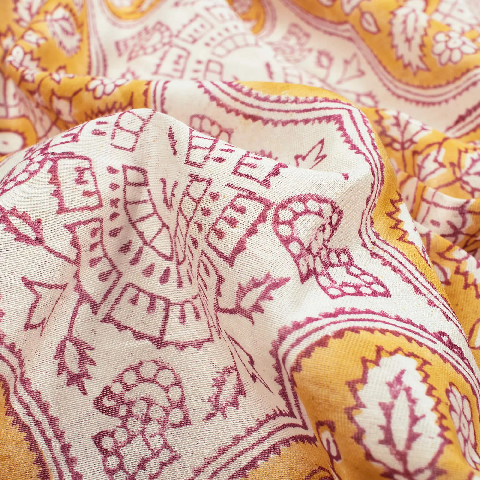 Mustard Yellow And Maroon Traditonal Pattern Handblock Pure Banarasi Chanderi Fabric