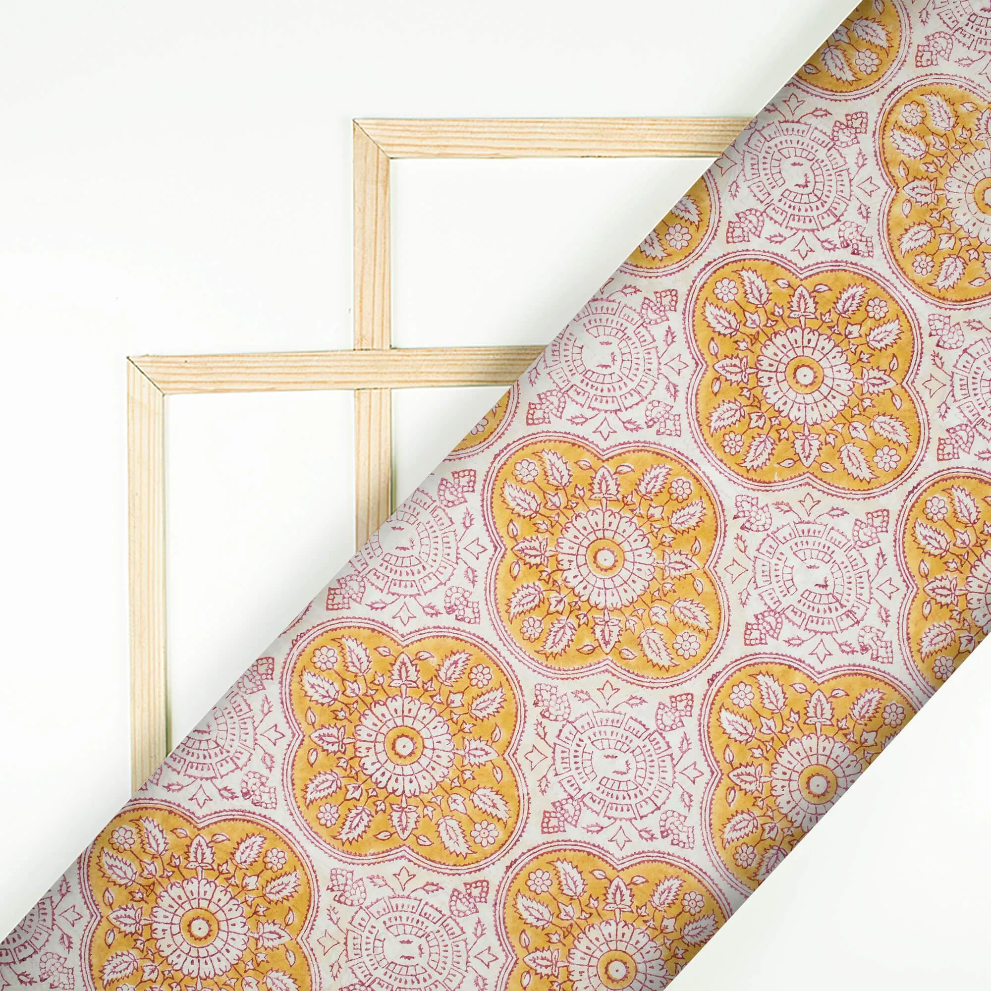 Mustard Yellow And Maroon Traditonal Pattern Handblock Pure Banarasi Chanderi Fabric
