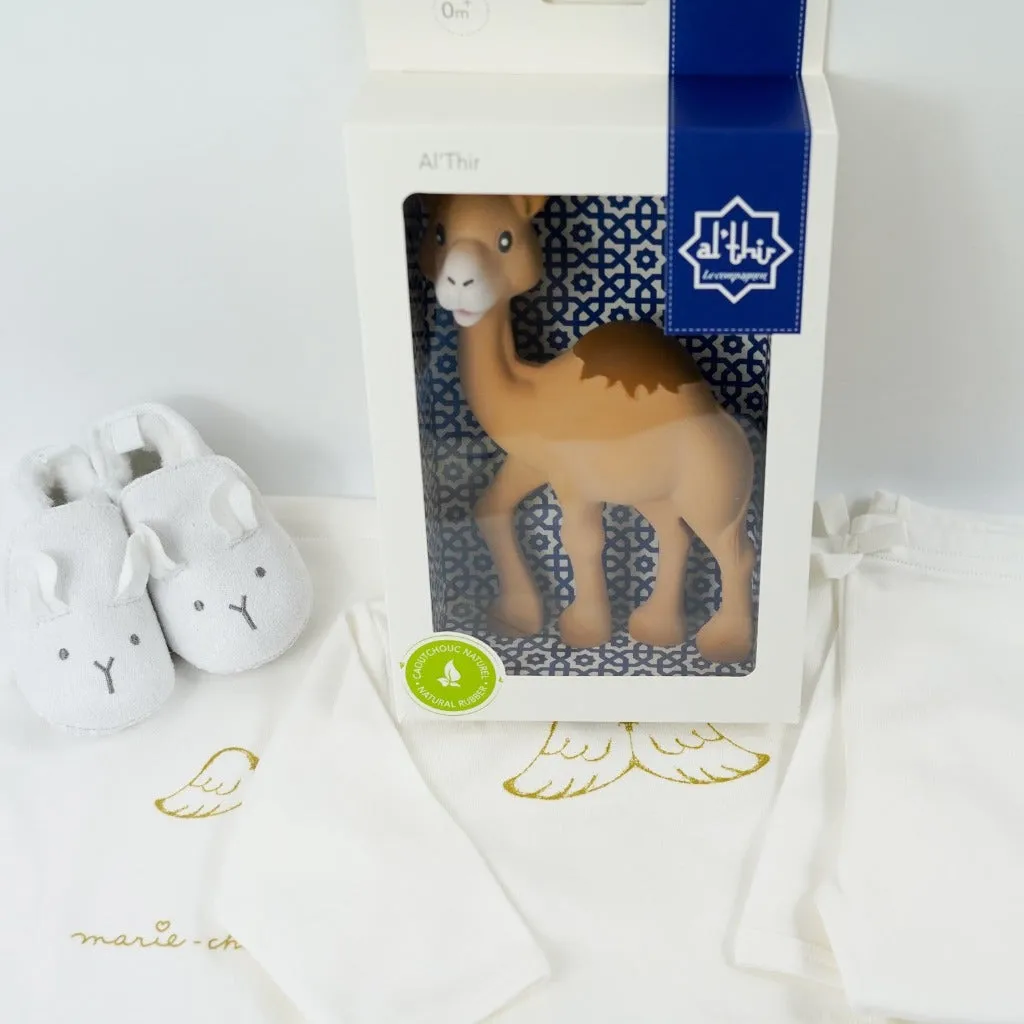 Neutral Baby Gift Hamper Basket, Steiff Teddy Bear, Marie-Chantal Baby Clothing Set, Al'Thir Camel By Sophie Le Giraffe, Aiden And Anais Dream Blanket.