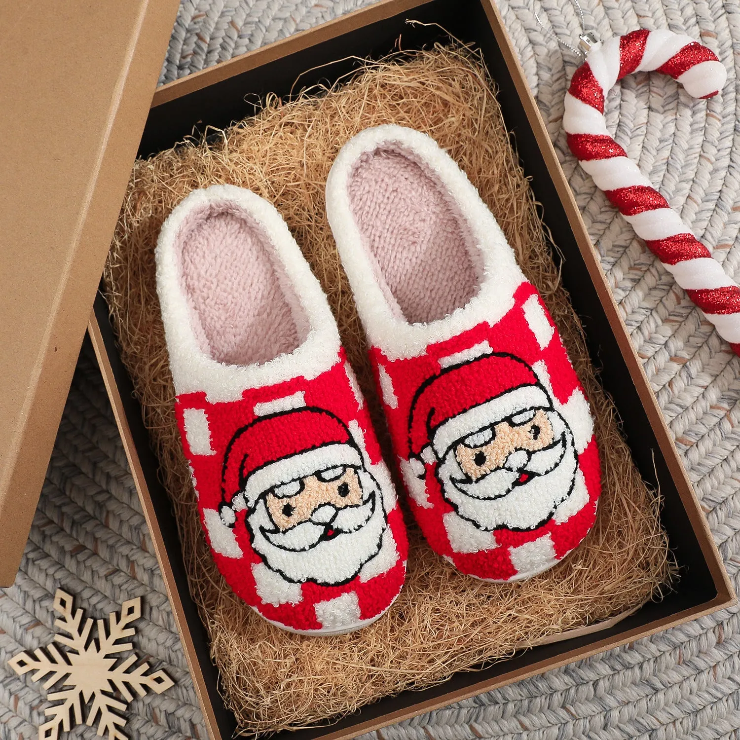 New Christmas Plaid Santa Claus Slippers Winter Indoor