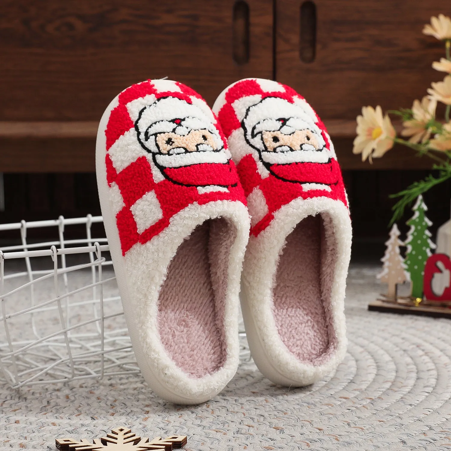 New Christmas Plaid Santa Claus Slippers Winter Indoor
