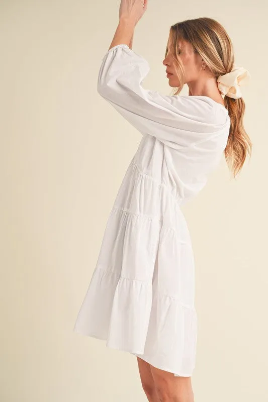 Notched Balloon Sleeve Tiered Mini Dress