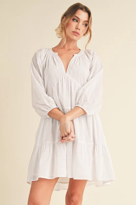 Notched Balloon Sleeve Tiered Mini Dress