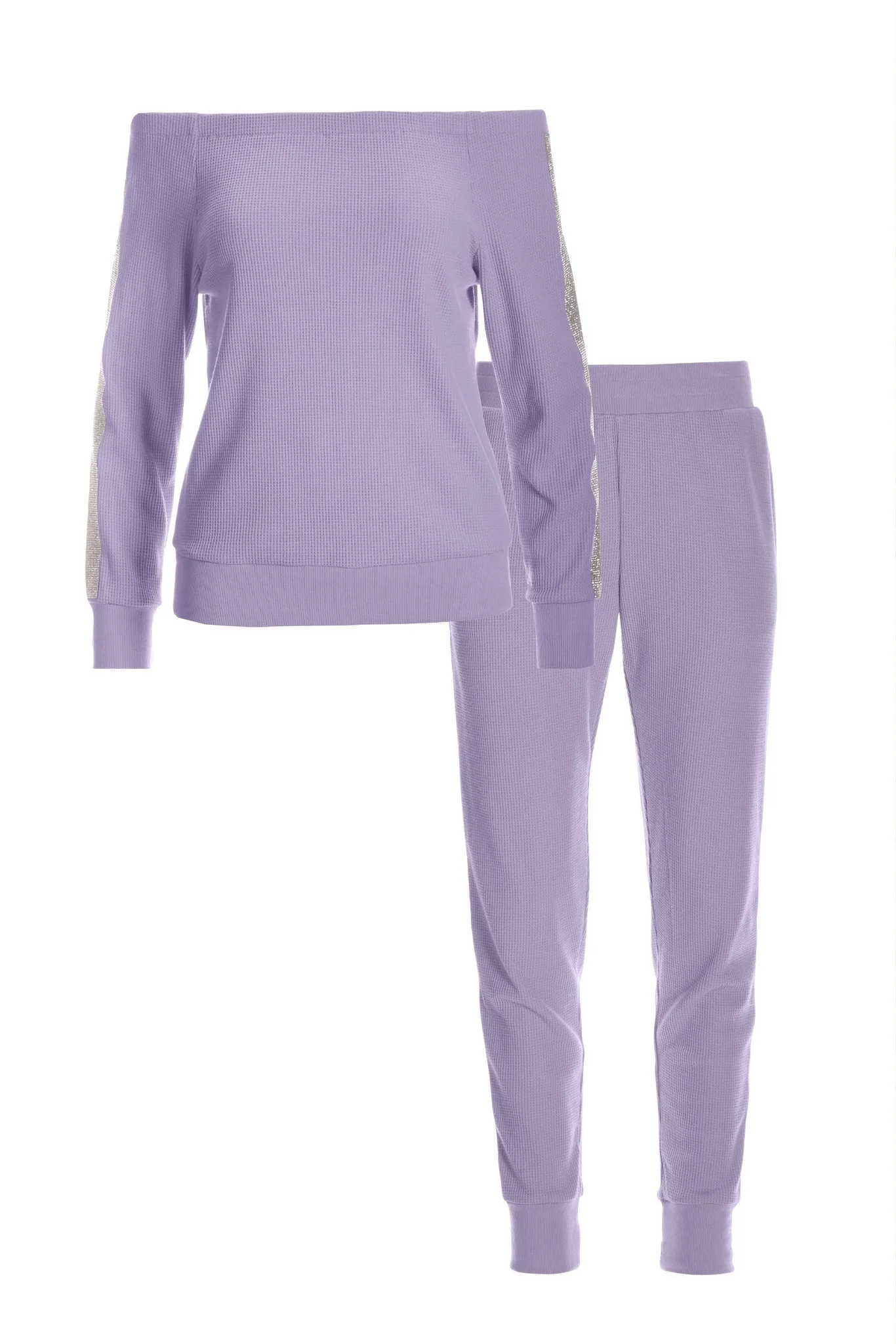Off The Shoulder Rhinestone Trim Lounge Set Lavender