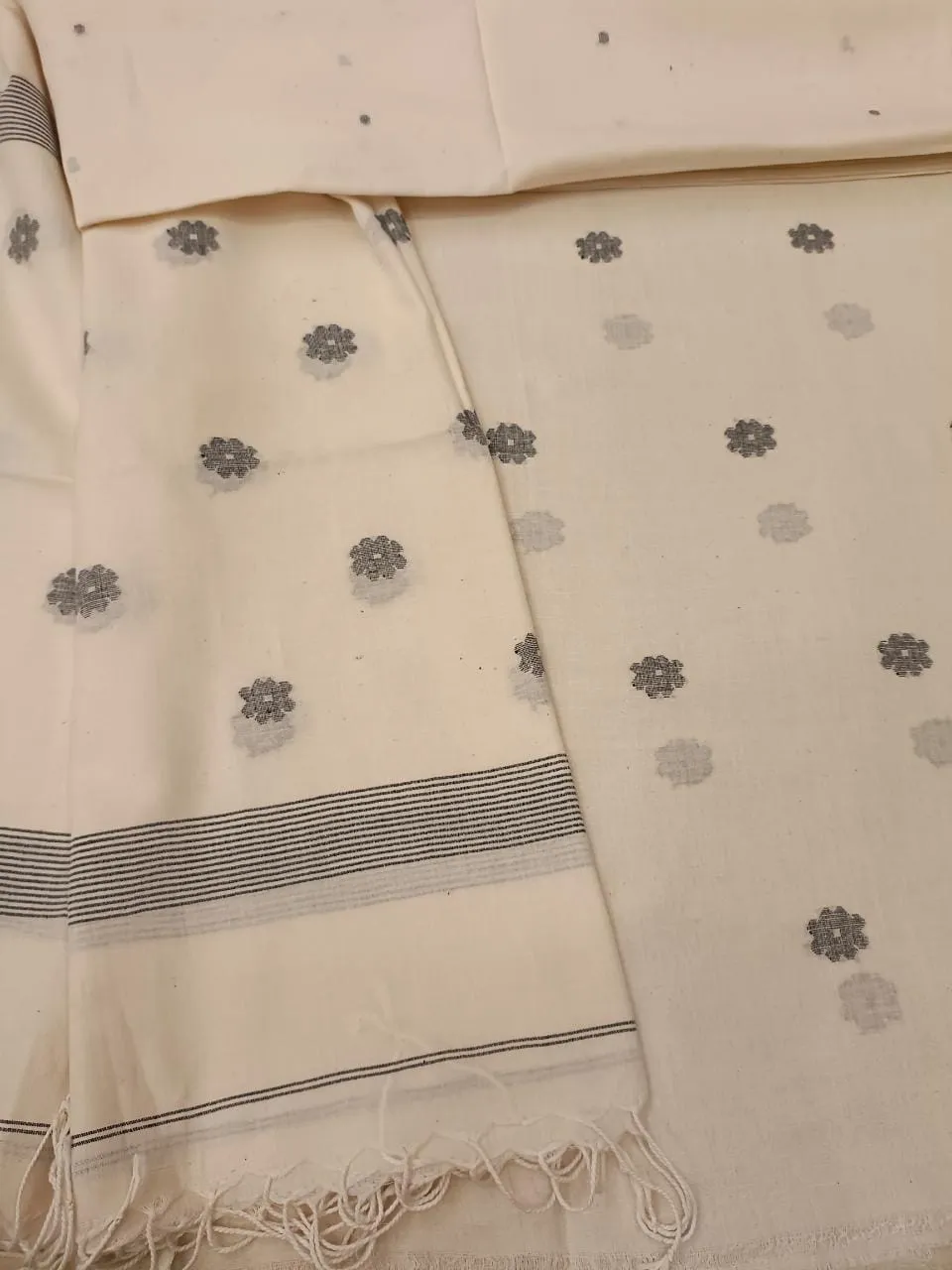 Off White & Black, Handspun, Handwoven soft Cotton, unstitched Jamdani 2piece kurta & dupatta set.