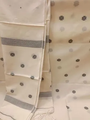 Off White & Black, Handspun, Handwoven soft Cotton, unstitched Jamdani 2piece kurta & dupatta set.