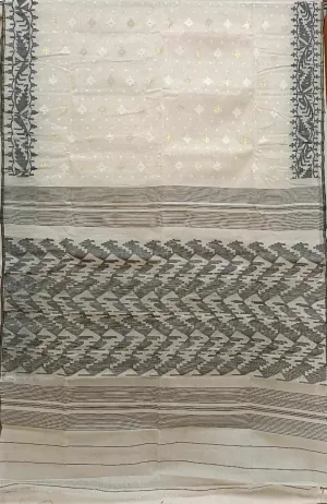 Off-White & Black Traditional Bangladesh Cotton Jamdani saree