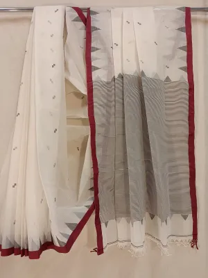 Off White & Maroon Handloom Fine Cotton Handwoven Saree