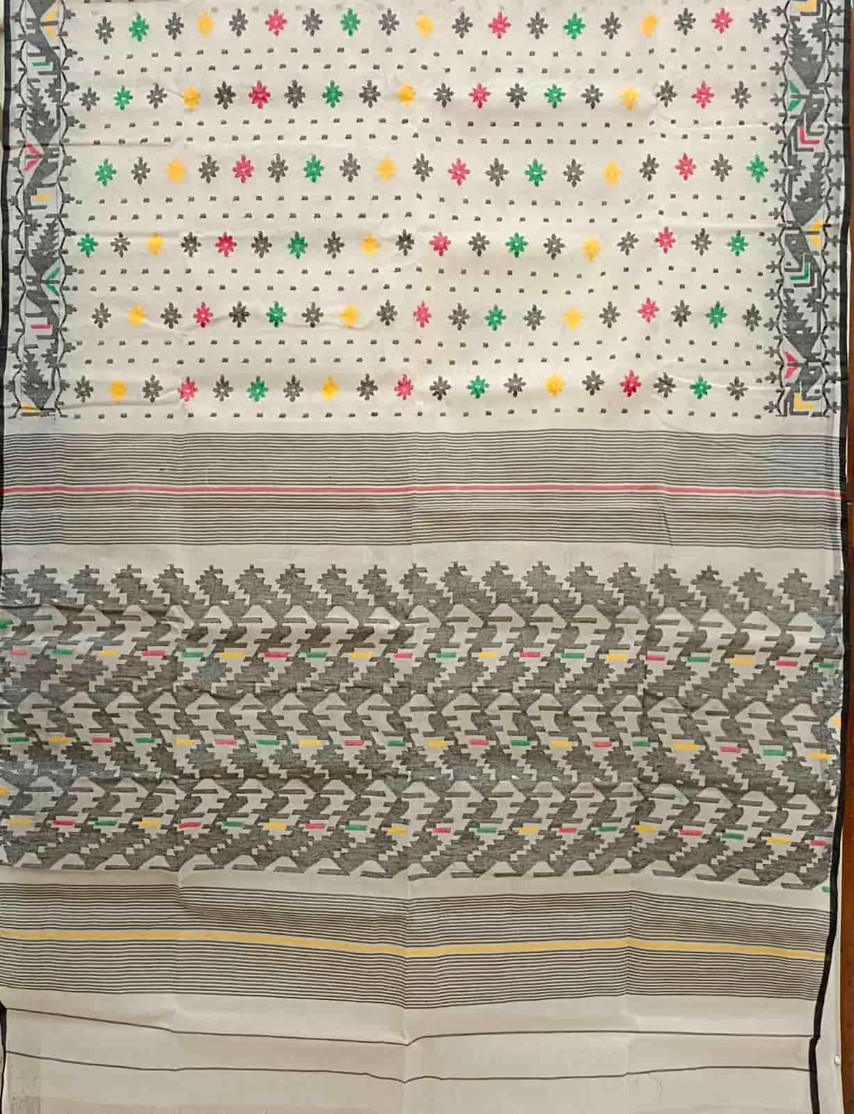 Off-White & Multicolour Traditional Bangladesh Cotton Jamdani saree