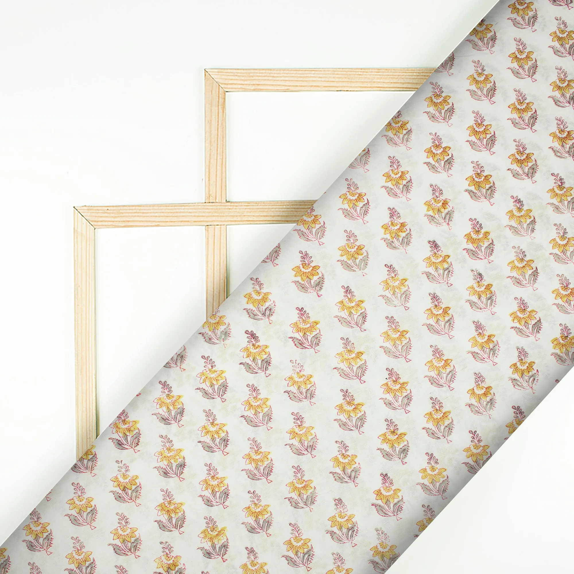 Off White And Grey Booti Pattern Handblock Pure Banarasi Chanderi Fabric