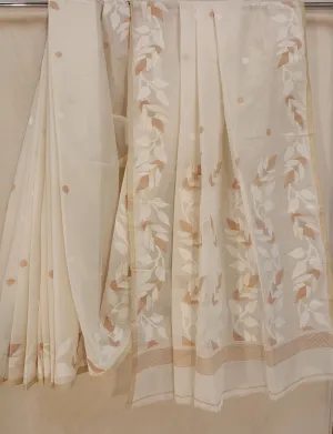 Off-White Handloom Handwoven Fine Cotton jamdani Saree