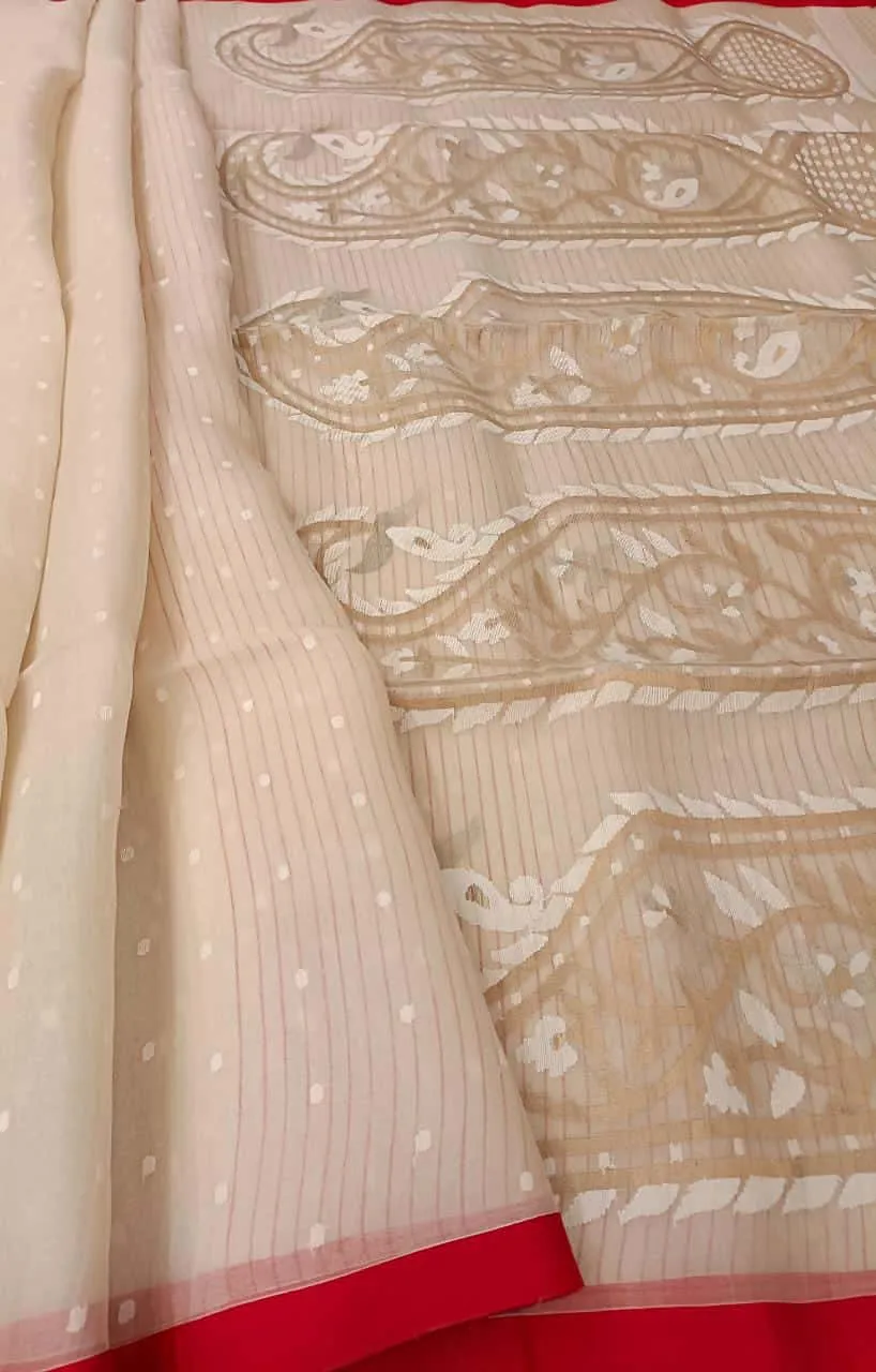 Off White Handwoven Muslin Silk Jamdani saree