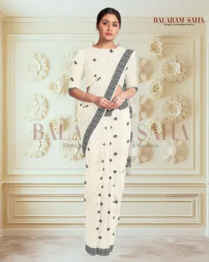 Off-White Soft Handloom Cotton Saree With Black Border