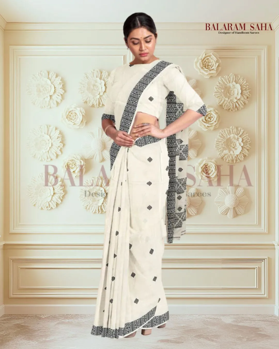 Off-White Soft Handloom Cotton Saree With Black Border
