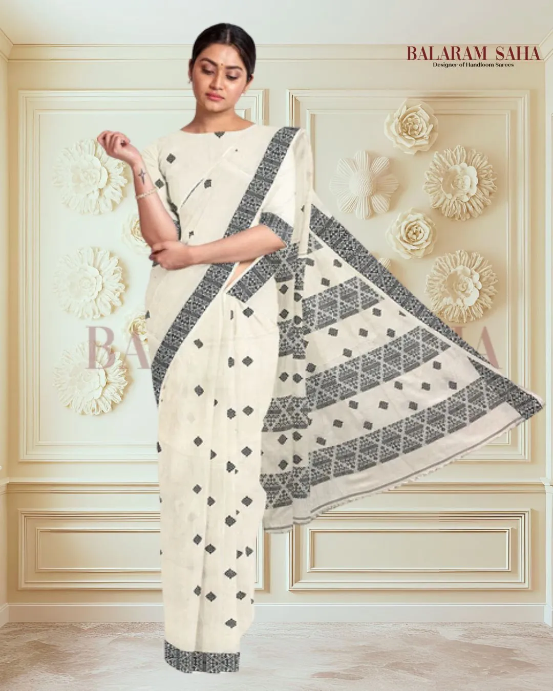 Off-White Soft Handloom Cotton Saree With Black Border