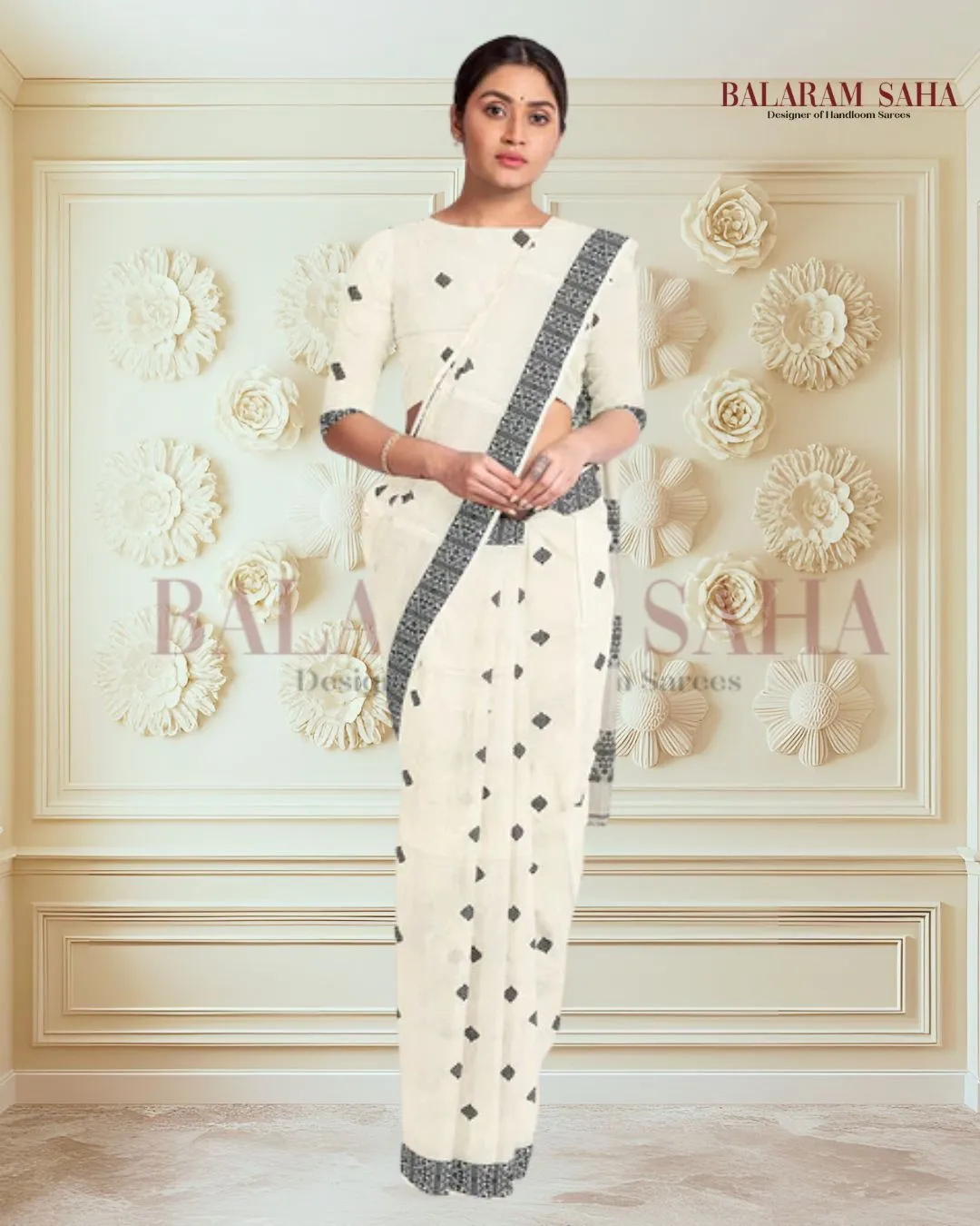 Off-White Soft Handloom Cotton Saree With Black Border