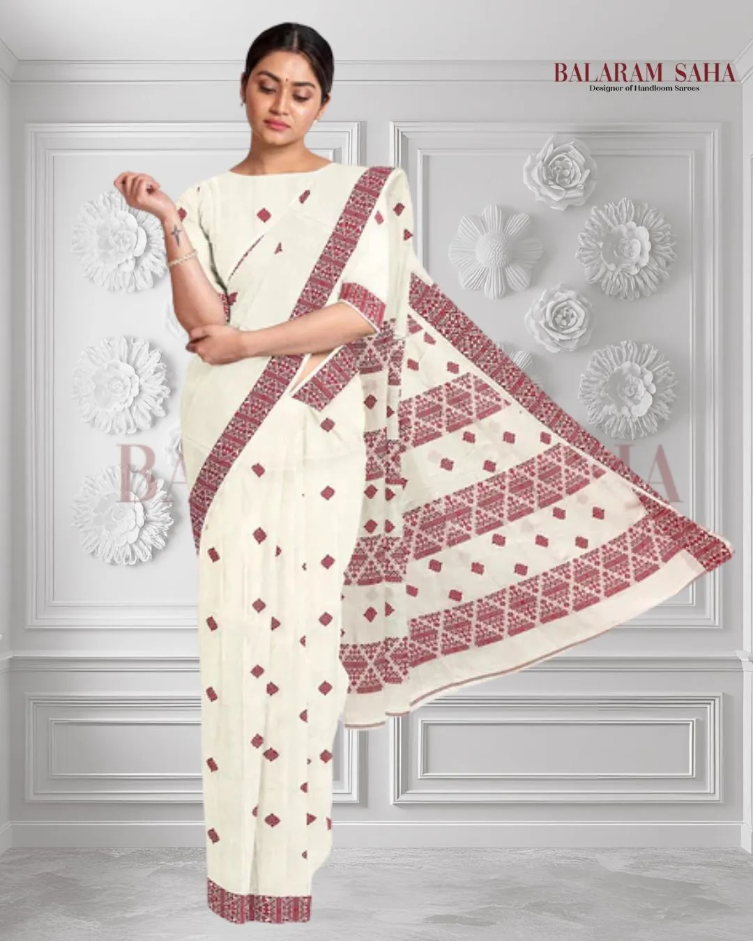 Off-White Soft Handloom Cotton Saree With Red Border