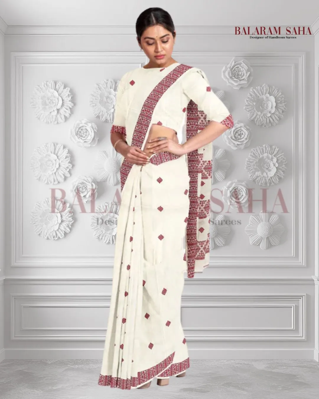 Off-White Soft Handloom Cotton Saree With Red Border