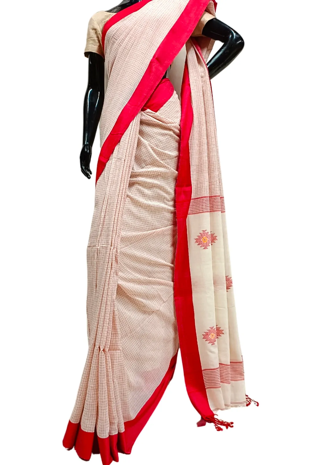 Off-White Soft Handloom Cotton Saree With Red Border