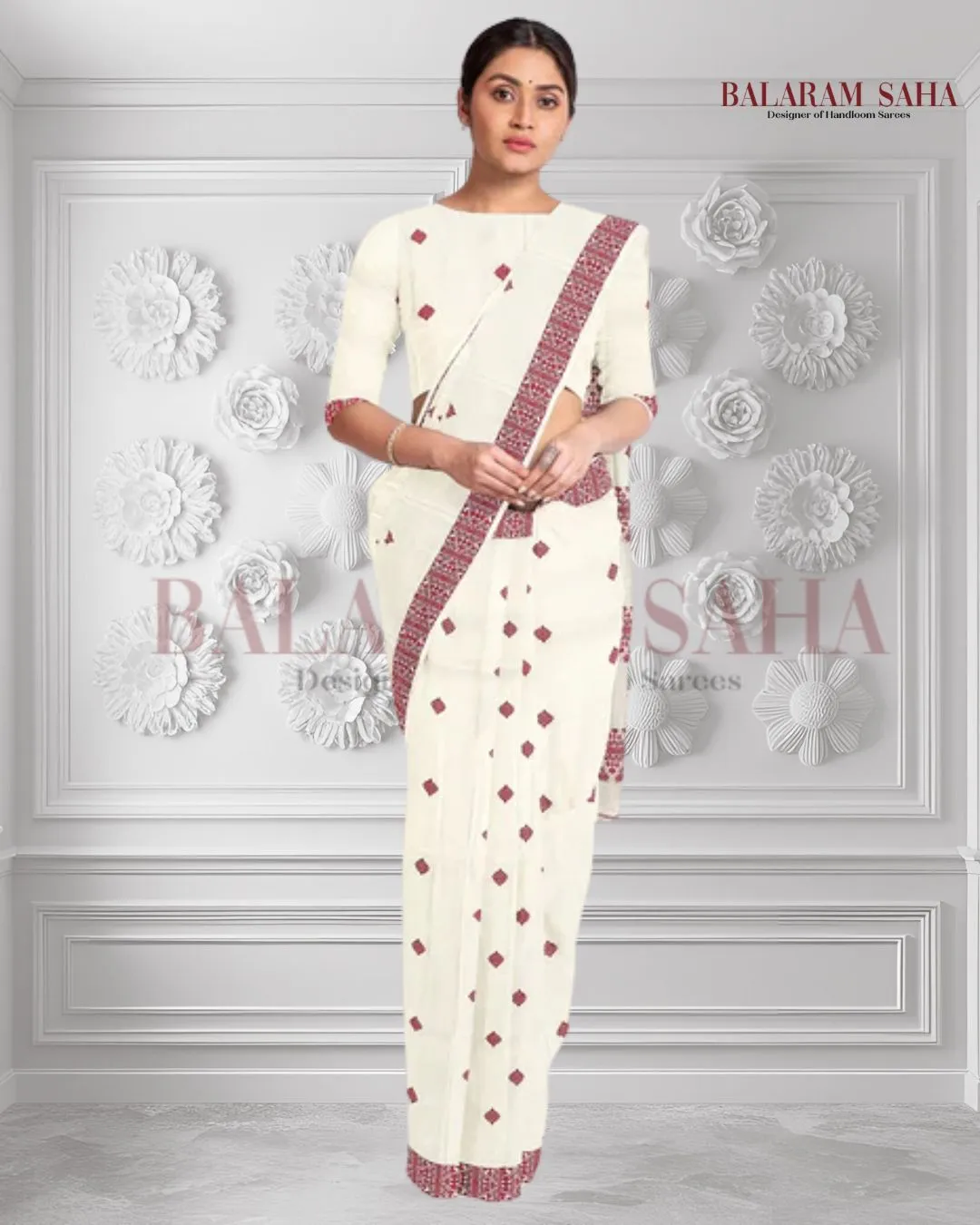 Off-White Soft Handloom Cotton Saree With Red Border
