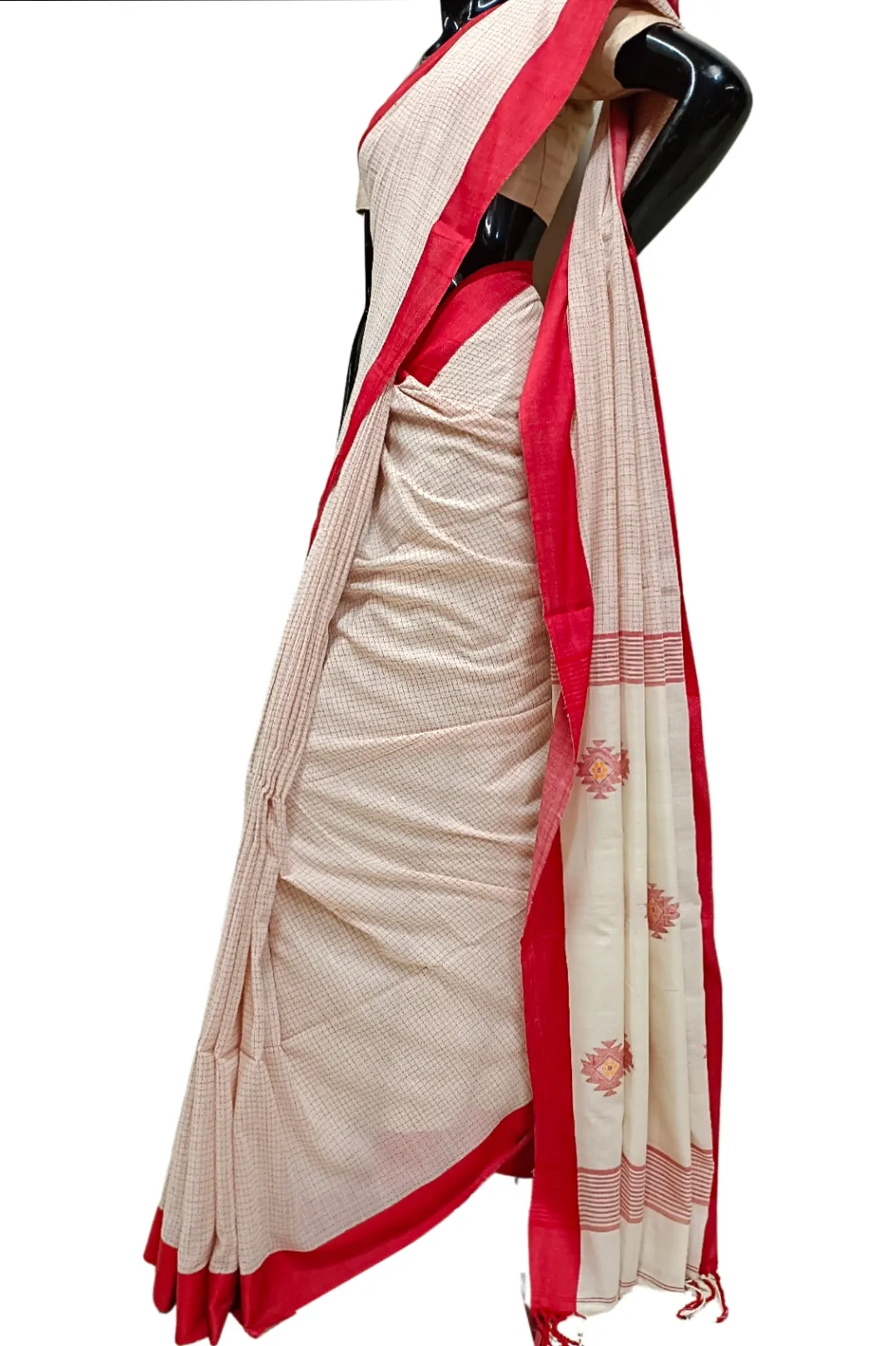 Off-White Soft Handloom Cotton Saree With Red Border