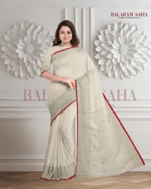 Off-White Soft Handloom Saree With Gold Zari Border