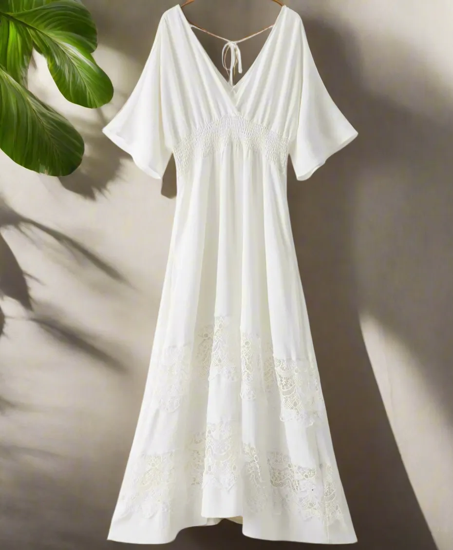 Olaesa Bohemian Lace Maxi Dress For Women - Short Sleeve V Neck, Smocked Waist, Elegant White