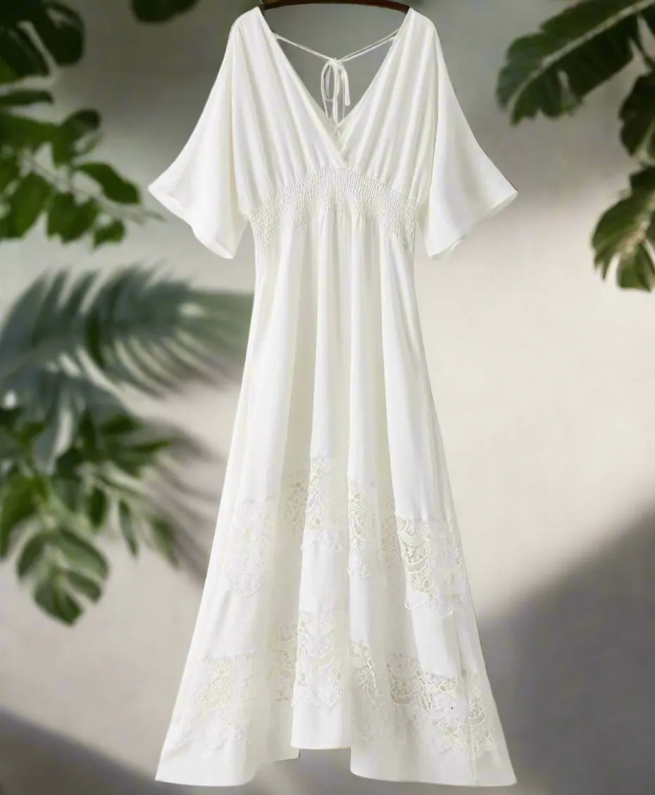 Olaesa Bohemian Lace Maxi Dress For Women - Short Sleeve V Neck, Smocked Waist, Elegant White